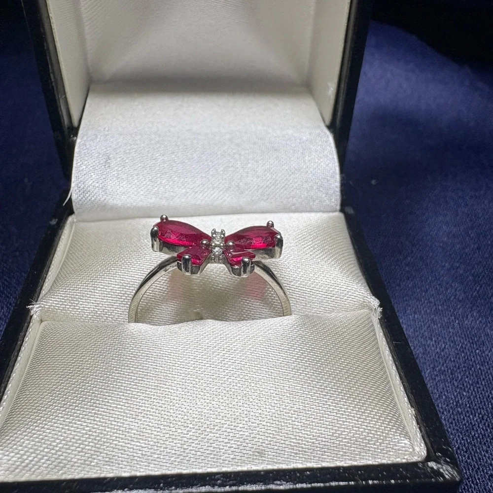 Red Ribbon Bow Ring Sterling Silver Ruby & Pave CZs - Picture 3 of 7